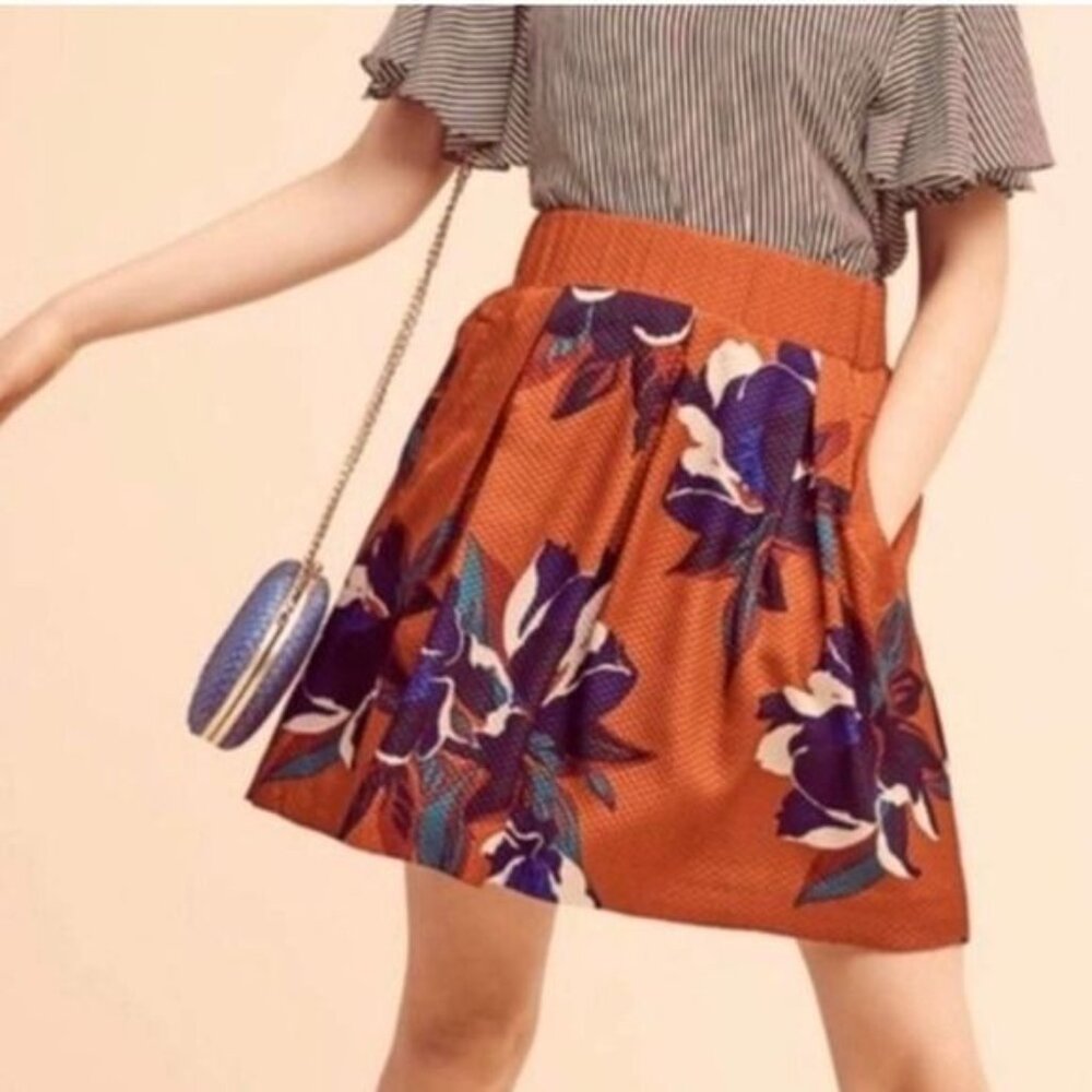 Anthropologie Maeve Textured Skirt Pockets Back Zipper 4‎ Orange Floral MAIRA